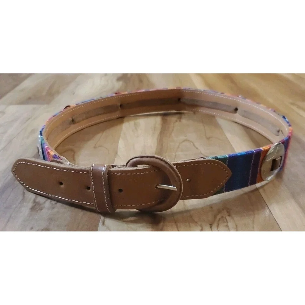 Womens Leather Covered Buckle Guatemala Concho Multicolor Woven‎ Belt Size M/L